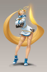 Rule 34 | 1girl, ahoge, arc system works, bare legs, bent over, black gloves, blonde hair, blue eyes, blue hair, blush, breasts, crossed arms, dress, dress tug, elbow gloves, electricity, fingerless gloves, forehead, frown, gloves, grey background, guilty gear, guilty gear x, guilty gear xx, hairband, hand in own hair, head tilt, headband, high collar, highres, hip focus, huge ahoge, knees, large breasts, leaning forward, legs, lips, lipstick, long hair, mahenbu, makeup, matching hair/eyes, millia rage, open mouth, prehensile hair, shoes, short dress, short sleeves, shorts, shorts under skirt, simple background, smile, solo, teeth, very long hair, wide hips