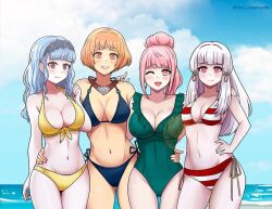Rule 34 | 4girls, alternate costume, bikini, blue bikini, blue hair, breasts, breasts apart, cleavage, female focus, fire emblem, fire emblem: three houses, green one-piece swimsuit, hilda valentine goneril, large breasts, leonie pinelli, long hair, looking at viewer, lysithea von ordelia, marianne von edmund, matching hair/eyes, multiple girls, navel, nintendo, one-piece swimsuit, one eye closed, open mouth, orange eyes, orange hair, pink eyes, pink hair, rein creamsoda, side-tie bikini bottom, small breasts, smile, standing, stomach, striped bikini, striped clothes, swimsuit, white hair, wink, yellow bikini