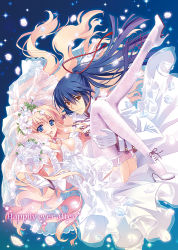Rule 34 | 1boy, 1girl, bad id, bad pixiv id, blonde hair, blue hair, bouquet, breasts, bridal veil, carnelian, carrying, cleavage, couple, dress, elbow gloves, english text, flower, garter straps, gloves, good end, hair flower, hair ornament, hetero, high heels, large breasts, legs, legs up, long hair, long legs, macross, macross frontier, open mouth, petals, pink thighhighs, ponytail, princess carry, saotome alto, sheryl nome, shoes, smile, thighhighs, thighs, veil, very long hair, wedding dress, zettai ryouiki