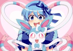 Rule 34 | 1girl, blue bow, blue dress, blue eyes, blue hair, blue hairband, bow, claire elford, creatures (company), crossover, dress, game freak, gen 6 pokemon, hair bow, hairband, heart, heart background, holding, holding pokemon, key rhymee, light blush, nintendo, open mouth, pink background, pokemon, pokemon (creature), puffy short sleeves, puffy sleeves, short hair, short sleeves, smile, sylveon, teeth, twitter username, upper body, upper teeth only, witch&#039;s heart