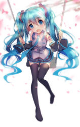 Rule 34 | 1girl, aqua hair, bison cangshu, blue eyes, detached sleeves, from above, hatsune miku, highres, long hair, looking at viewer, necktie, open mouth, petals, skirt, solo, swing, thighhighs, twintails, very long hair, vocaloid, white background