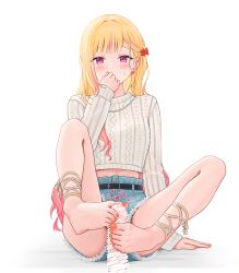 Rule 34 | 1girl, 2 (tsvf3235), anklet, barefoot, belt, belt buckle, blonde hair, blush, buckle, censored, colorful festival (project sekai), covering own mouth, crop top, cropped sweater, denim, denim shorts, feet, footjob, gradient hair, highres, jewelry, long hair, long sleeves, multicolored hair, nail polish, official alternate costume, official alternate hair length, official alternate hairstyle, pink eyes, pink hair, project sekai, shorts, sweatdrop, tenma saki, toenail polish, toenails, two-footed footjob, white background
