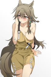 Rule 34 | 1girl, animal ears, arknights, bandaid, bandaid on arm, bandaid on shoulder, bare shoulders, blush, braid, breasts, brown hair, closed mouth, collarbone, embarrassed, highres, horse ears, horse girl, horse tail, large breasts, liang chan xing make tu, long hair, looking away, looking to the side, naked overalls, nipples, official alternate costume, overalls, red eyes, side braid, sitting, solo, tail, very long hair, wild mane (arknights), wild mane (justice maker) (arknights)