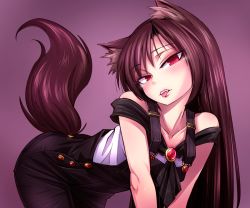 Rule 34 | 1girl, animal ear fluff, animal ears, bare shoulders, bent over, black overalls, blush, brooch, brown hair, collarbone, commentary request, cowboy shot, fangs, head tilt, imaizumi kagerou, jewelry, long hair, looking at viewer, off-shoulder shirt, off shoulder, overalls, purple background, red eyes, shimizu pem, shirt, simple background, solo, tail, tongue, tongue out, touhou, white shirt, wolf ears, wolf tail