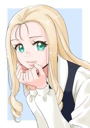 Rule 34 | 1girl, bc freedom school uniform, blonde hair, blue background, border, drill hair, girls und panzer, green eyes, highres, kuppipi ramutarou, leaning forward, long hair, long sleeves, looking at viewer, marie (girls und panzer), school uniform, simple background, smile, solo, white border