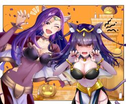 Rule 34 | 2girls, 2sirokma0930, alternate costume, animal ears, bell, black hair, blunt bangs, breasts, bridal gauntlets, candle, capelet, cat ears, cat tail, claw pose, cleavage, covered navel, fake animal ears, fake tail, fire emblem, fire emblem awakening, fire emblem echoes: shadows of valentia, hat, highres, jack-o&#039;-lantern, large breasts, long hair, looking at viewer, multiple girls, neck bell, nintendo, one eye closed, pelvic curtain, purple hair, sonya (fire emblem gaiden), sweatdrop, tail, tharja (fire emblem), witch hat