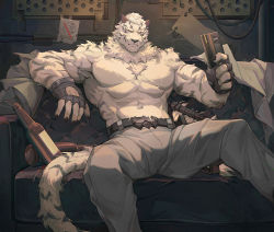 Rule 34 | 1boy, abs, animal ears, arknights, bara, belt, black belt, bulge, chest hair, couch, feet out of frame, fingerless gloves, furry, furry male, gloves, grey pants, highres, large pectorals, male focus, mountain (arknights), muscular, navel, no nipples, pants, pectorals, scar, scar across eye, scar on face, short hair, sitting, solo, spread legs, tail, tengo (maotengo), tiger boy, tiger ears, tiger stripes, tiger tail, topless male, white fur, white hair