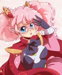 Rule 34 | 1girl, absurdres, black bow, black gloves, blush, bow, breasts, cape, dungeon toaster, eyelashes, glasses, gloves, highres, large breasts, looking at viewer, open mouth, outline, pink-framed eyewear, pink hair, rance (series), red cape, sill plain, solo, sparkle, teeth, twintails, upper body, upper teeth only, white outline