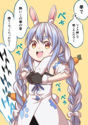 Rule 34 | 1girl, :3, animal ears, black gloves, blue hair, bow, carrot hair ornament, clenched hands, detached sleeves, don-chan (usada pekora), food-themed hair ornament, fur-trimmed gloves, fur trim, gloves, hair bow, hair ornament, highres, hololive, inamimi (sheep1733), long hair, motion blur, multicolored hair, open mouth, orange eyes, puffy short sleeves, puffy sleeves, rabbit ears, rabbit girl, rabbit tail, round teeth, short sleeves, smile, solo, tail, teeth, thick eyebrows, translation request, two-tone hair, usada pekora, usada pekora (1st costume), v-shaped eyebrows, virtual youtuber, white hair