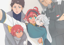 Rule 34 | 1boy, 4girls, ahoge, aqua eyes, asticassia school uniform, beard, black hairband, blue eyes, blue jacket, blush, closed mouth, crossed arms, delling rembran, ericht samaya, facial hair, father and daughter, grey eyes, grey hair, grey jacket, gundam, gundam suisei no majo, hair between eyes, hairband, highres, hug, jacket, long hair, long sleeves, looking at another, miorine rembran, mother and daughter, multiple girls, old, old man, open mouth, pink lips, prospera mercury, re aji ck, red hair, school uniform, short hair, simple background, smile, suletta mercury, swept bangs, taking picture, thick eyebrows, v, white jacket, wide sleeves, yellow eyes
