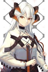 Rule 34 | 1girl, arknights, black skirt, commentary request, haonfest, highres, horns, long hair, looking at viewer, orange eyes, saria (arknights), shirt, skirt, solo, upper body, white background, white hair, white shirt