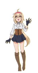 Rule 34 | 1girl, :d, ahoge, alissa (dekoboko majo no oyako jijou), alpha transparency, black gloves, black skirt, blonde hair, boots, brown corset, brown footwear, corset, dekoboko majo no oyako jijou, full body, gloves, hairband, highres, knee boots, long hair, looking at viewer, official art, open mouth, ponytail, red hairband, shirt, skirt, smile, solo, transparent background, very long hair, waving, white shirt, yellow eyes