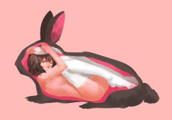 Rule 34 | 1girl, animal ears, ass, black hair, breasts, frilled thighhighs, frills, highres, inaba tewi, inside creature, looking at viewer, nude, one eye closed, pink background, rabbit, rabbit ears, red eyes, short hair, silhouette, simple background, sketch, solo, sunyuqian, thighhighs, too literal, touhou, wavy hair, white thighhighs, wink