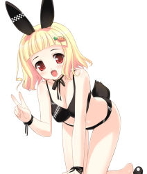 Rule 34 | 1girl, all fours, amano yuu, animal ears, bikini, black bikini, blonde hair, blush, breasts, carrot, cleavage, food-themed clothes, hair ornament, hairclip, large breasts, open mouth, original, rabbit ears, red eyes, ribbon, short hair, smile, solo, swimsuit, tail, v