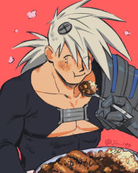 Rule 34 | 1boy, abs, blush, bodysuit, curry, eating, closed eyes, food, jinkichi, kyuuketsuki sugu shinu, long hair, male focus, muscular, muscular male, nail hair ornament, pectoral cleavage, pectorals, ponytail, prosthesis, prosthetic arm, red background, satetsu (kyuuketsuki sugu shinu), scar, scar on face, solo, spiked hair, spread legs