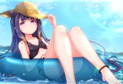 Rule 34 | 1girl, absurdres, anklet, ass, baileys (tranquillity650), bead anklet, bikini, black bikini, blunt bangs, breasts, collarbone, day, expressionless, hat, highres, hololive, hololive english, innertube, jewelry, lens flare, long hair, looking at viewer, navel, ninomae ina&#039;nis, outdoors, purple eyes, purple hair, sideboob, sidelocks, signature, sitting, small breasts, solo, straw hat, swim ring, swimsuit, thighs, virtual youtuber