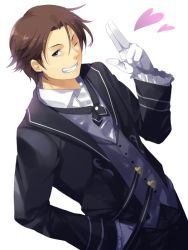 Rule 34 | 1boy, alvin (tales), bad id, bad pixiv id, brown eyes, brown hair, formal, grin, heart, male focus, official alternate costume, one eye closed, salute, shibanashi miso, smile, solo, suit, tales of (series), tales of xillia, una, wink
