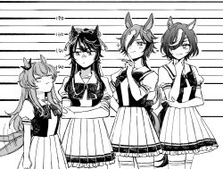 Rule 34 | 4girls, = =, afterimage, animal ears, blush, bow, bowtie, breasts, closed mouth, crossed arms, elbow rest, eyepatch, gloves, greyscale, hair over one eye, hand on own chin, height chart, height difference, height envy, horse ears, horse girl, horse tail, long hair, looking at another, mayano top gun (umamusume), monochrome, multicolored hair, multiple girls, narita brian (umamusume), ponytail, sailor collar, school uniform, short sleeves, sideways glance, skirt, small breasts, sparkle, speed lines, standing, streaked hair, stroking own chin, tail, tail wagging, tanino gimlet (umamusume), thighhighs, tracen school uniform, two side up, umamusume, v-shaped eyebrows, vodka (umamusume), yonu (yonurime)