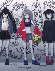 Rule 34 | 3girls, :|, absurdres, against wall, akagi miria, american football (object), ball, bare shoulders, belt, black footwear, black hair, black skirt, blue footwear, bracelet, choker, closed mouth, clothes writing, collarbone, commentary request, denim, denim jacket, denim skirt, earrings, english text, closed eyes, fishnet legwear, fishnets, full body, graffiti, hair ribbon, hand in pocket, highres, holding, holding ball, hoop earrings, idolmaster, idolmaster cinderella girls, jacket, jacket on shoulders, jewelry, jitome, light oooo, long hair, long sleeves, looking at viewer, looking down, matoba risa, miniskirt, multiple girls, muted color, navel, necklace, open clothes, open jacket, oversized clothes, purple eyes, red legwear, removing jacket, ribbon, sandals, shoes, short hair, short twintails, skirt, sleeves past wrists, sneakers, soccer ball, socks, standing, star (symbol), stomach, tank top, track jacket, twintails, white legwear, yellow eyes, yellow ribbon, yuuki haru