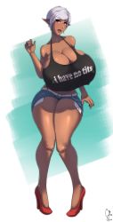 Rule 34 | 1girl, absurdres, bare arms, bare shoulders, breasts, cleavage, coffeeslice, collarbone, dark-skinned female, dark skin, denim, denim shorts, elf, female focus, full body, high heels, highres, huge breasts, midriff, open mouth, original, pointy ears, red eyes, short hair, short shorts, shorts, silver hair, simple background, solo, standing, thick thighs, thighs