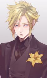 Rule 34 | 1boy, asymmetrical hair, black jacket, black shirt, black suit, blonde hair, blue eyes, cloud strife, demi co, earrings, final fantasy, final fantasy vii, final fantasy vii remake, flower, formal, highres, jacket, jewelry, looking to the side, necktie, parted lips, shirt, short hair, single earring, solo, spiked hair, square enix, suit, suit jacket, upper body, waistcoat, yellow flower