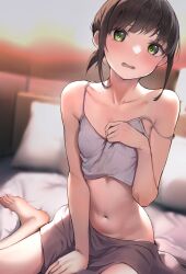 Rule 34 | 1girl, barefoot, bed, black hair, blurry, camisole, collarbone, depth of field, feet, foot out of frame, fubuki (kancolle), green eyes, grey camisole, highres, kabayaki namazu, kantai collection, legs, looking at viewer, low ponytail, medium hair, navel, pillow, ponytail, short ponytail, sidelocks, sitting, solo, strap slip, toenails, toes, wariza