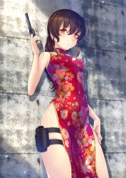 Rule 34 | 1girl, alternate costume, blush, breasts, brown hair, china dress, chinese clothes, closed mouth, cowboy shot, dress, floral print, hair between eyes, holding, holding weapon, kantai collection, long hair, orange eyes, red dress, ryu-akt, sleeveless, sleeveless dress, small breasts, solo, souya (kancolle), weapon