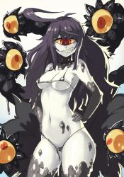 Rule 34 | 1girl, ahoge, bikini, black bikini, black gloves, black hair, breasts, bright pupils, colored sclera, commentary, commission, contrapposto, cowboy shot, cyclops, elbow gloves, english commentary, extra eyes, gazer (monster girl encyclopedia), gloves, grey background, grin, hands on own hips, highres, huge ahoge, long hair, looking at viewer, medium breasts, micro bikini, monster girl, monster girl encyclopedia, navel, one-eyed, red eyes, sharp teeth, simple background, slime (substance), slit pupils, smile, solo, standing, swimsuit, tail, teeth, tentacles, thighhighs, vins-mousseux, white pupils, yellow sclera