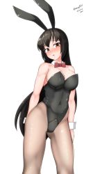 Rule 34 | 1girl, absurdres, alternate costume, animal ears, black hair, black leotard, black pantyhose, bow, bowtie, breasts, cleavage, cowboy shot, crotch flap, detached collar, highres, kantai collection, large breasts, leotard, long hair, maru (marg0613), nagato (kancolle), pantyhose, playboy bunny, rabbit ears, red bow, red bowtie, red eyes, simple background, solo, standing, strapless, strapless leotard, white background, wrist cuffs