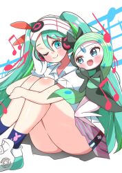 Rule 34 | creatures (company), crossover, game freak, gen 5 pokemon, hatsune miku, highres, legendary pokemon, long hair, lop shauntal2, meloetta, mythical pokemon, nintendo, pokemon, pokemon (creature), project voltage, psychic miku (project voltage), simple background, twintails, very long hair, vocaloid, white background