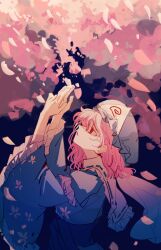 Rule 34 | 1girl, blue kimono, cherry blossoms, curly hair, flower, frilled kimono, frills, from side, ghost hair ornament, hair between eyes, hair flower, hair ornament, hands up, hat, highres, japanese clothes, kimono, long sleeves, looking to the side, medium hair, messy hair, mob cap, perfect cherry blossom, pink hair, red eyes, saigyouji yuyuko, shaded face, short hair, solo, touhou, xian qishui