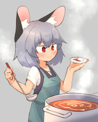 Rule 34 | 1girl, absurdres, animal ears, apron, blush, breasts, closed mouth, commentary request, cooking pot, cowboy shot, dress, food, green apron, greenpiecerice, grey background, grey dress, grey hair, hair between eyes, highres, holding, holding ladle, ladle, long bangs, mouse ears, mouse girl, nazrin, pinafore dress, plate, red eyes, short hair, sleeveless dress, small breasts, smile, solo, soup, split mouth, steam, stock pot, tasting plate, touhou