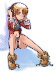 Rule 34 | 1girl, blush, boots, brown hair, check copyright, copyright request, full body, grey eyes, headphones, highres, jacket, looking at viewer, nakamura tetsuya, navel, one eye closed, open clothes, open jacket, original, parted lips, short hair, short shorts, shorts, sitting, solo, sports bra, sweatdrop, untied footwear, white background