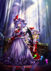 Rule 34 | 2girls, animal, ascot, bat (animal), bat wings, black wings, blonde hair, breasts, closed mouth, collared shirt, column, commentary request, crystal, dark, feet, flandre scarlet, flying, frilled cuffs, frilled shirt, frilled sleeves, frills, glint, hair between eyes, hat, hat ribbon, highres, holding, holding own arm, holding weapon, kozou (soumuden), laevatein, laevatein (tail), light, light particles, light rays, long skirt, looking at viewer, mob cap, multiple girls, oversized object, parted lips, petals, pillar, profile, puffy short sleeves, puffy sleeves, purple hair, purple shirt, purple skirt, red eyes, red ribbon, red sash, red skirt, red vest, remilia scarlet, ribbon, ribbon-trimmed headwear, ribbon trim, sash, shirt, short hair, short sleeves, siblings, sidelocks, sideways glance, sisters, skirt, skirt set, small breasts, smirk, standing, standing on one leg, tail, touhou, vest, weapon, white shirt, wing collar, wings, wrist cuffs, yellow ascot