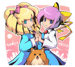 Rule 34 | 2girls, :o, amelie (ghost trick), aqua eyes, blonde hair, blue eyes, brooch, capcom, dog, dress, drill hair, ghost trick, holding hands, jewelry, kamila (ghost trick), keypot, missile (ghost trick), multiple girls, open mouth, purple hair, ribbon, short hair, skirt, smile, tongue, twintails, yuri