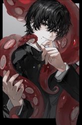 Rule 34 | 1boy, absurdres, arm up, bags under eyes, bishounen, black hair, chainsaw man, crossed bangs, empty eyes, etiv, evil smile, highres, light smile, long sleeves, looking at viewer, male focus, mole, mole under mouth, school uniform, short hair, smile, solo, suction cups, tentacles, yoshida hirofumi