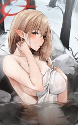Rule 34 | 1girl, blue archive, blush, breasts, brown eyes, chinatsu (blue archive), chinatsu (hot spring) (blue archive), halo, highres, large breasts, light brown hair, looking at viewer, medium hair, naked towel, nayamu, onsen, outdoors, parted lips, pointy ears, rock, snow, solo, towel, tree, wet towel