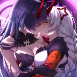 Rule 34 | 2girls, absurdres, arm guards, hug, bad id, bad pixiv id, bare shoulders, blunt bangs, blush, braid, breasts, cleavage, closed eyes, collarbone, gloves, hand on another&#039;s arm, hand on another&#039;s back, highres, holding, holding person, honkai (series), honkai impact 3rd, hood, horns, jacket, kiana kaslana, kiana kaslana (white comet), kiss, large breasts, long hair, long sleeves, multicolored clothes, multiple girls, oni horns, orange sleeves, purple hair, raiden mei, raiden mei (herrscher of thunder), red horns, very long hair, white gloves, white hair, wu ganlan cai, yuri