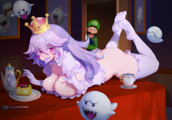 Rule 34 | 1boy, 1girl, :p, ass, boo (mario), bottomless, breasts, butt crack, cake, cleavage, crown, dress, driverbunny37, earrings, facial hair, feet up, food, frilled gloves, frills, ghost, ghost pose, gloves, highres, jewelry, large breasts, legs up, light purple hair, long hair, looking at viewer, luigi, luigi&#039;s mansion, lying, mario (series), mustache, new super mario bros. u deluxe, nintendo, on stomach, on table, peeking, pink eyes, princess king boo, purple tongue, sharp teeth, short eyebrows, slit pupils, super crown, table, tea set, teeth, the pose, thighhighs, tongue, tongue out, white dress