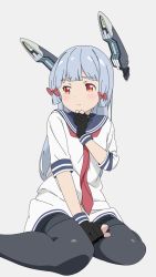 Rule 34 | 1girl, anime coloring, between legs, black gloves, black pantyhose, blunt bangs, blush, commentary request, dress, eromanga sensei, gloves, grey background, hair ribbon, hand between legs, hand up, headgear, highres, kantai collection, long hair, looking to the side, murakumo (kancolle), necktie, orange eyes, pantyhose, parody, partially fingerless gloves, red necktie, ribbon, sailor dress, short eyebrows, short sleeves, sidelocks, silver hair, simple background, sitting, solo, style parody, sugapi, thighband pantyhose, tress ribbon, wariza