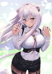 Rule 34 | 1girl, absurdres, ahoge, animal ears, black nails, black shorts, blush, bolo tie, breasts, brown pantyhose, claw pose, collared shirt, commentary, corset, cowboy shot, dress shirt, ear piercing, feweryen, floating hair, grey eyes, grey hair, hair between eyes, highres, hololive, large breasts, lion ears, lion girl, lion tail, long hair, long sleeves, looking at viewer, nail polish, official alternate costume, pantyhose, pantyhose under shorts, parted lips, piercing, shirt, shirt tucked in, shishiro botan, shishiro botan (button-down), short shorts, shorts, sidelocks, solo, standing, tail, thigh strap, twitter username, underbust, virtual youtuber, white shirt, wing collar
