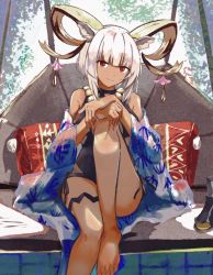 Rule 34 | 1girl, animal ears, arknights, bare shoulders, barefoot, black one-piece swimsuit, blue jacket, carnelian (arknights), carnelian (shimmering dew) (arknights), casual one-piece swimsuit, dark-skinned female, dark skin, foot out of frame, goat ears, goat girl, goat horns, hands on own knees, highres, horn ornament, horns, jacket, knee up, off shoulder, official alternate costume, one-piece swimsuit, open clothes, open jacket, pillow, red eyes, short hair, sitting, smile, solo, swimsuit, violetstone, white hair
