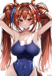 Rule 34 | 1girl, animal ears, antenna hair, armpits, arms up, backlighting, blue gemstone, blue one-piece swimsuit, breasts, brown hair, cleavage, collarbone, competition school swimsuit, competition swimsuit, covered navel, cowboy shot, daiwa scarlet (umamusume), gem, hair intakes, hands in hair, highleg, highleg swimsuit, highres, horse ears, large breasts, long hair, looking at viewer, narrow waist, one-piece swimsuit, parted bangs, parted lips, red eyes, school swimsuit, signature, simple background, solo, swimsuit, tiara, twintails, umamusume, very long hair, wet, wet clothes, wet swimsuit, white background, yeooudam