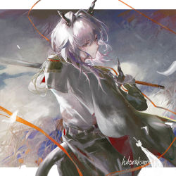 Rule 34 | 1girl, arknights, back, belt, coat, daylightallure, dragon girl, dragon horns, dragon tail, eyebrows hidden by hair, grey hair, hair between eyes, highres, holding, holding sword, holding weapon, horns, looking at viewer, looking back, military, military uniform, short hair, smile, solo, sword, tail, talulah (arknights), uniform, weapon
