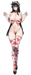 Rule 34 | 1girl, absurdres, alternate breast size, animal ears, animal print, bikini, black choker, black hair, blush, breasts, choker, closed mouth, collarbone, cow ears, cow horns, cow print, cow print bikini, dogs (dlrkdejr26), earrings, fake animal ears, fake horns, full body, hairband, hands up, highres, horns, huge breasts, jewelry, long hair, looking at viewer, navel, print bikini, print thighhighs, red eyes, simple background, solo, spy x family, standing, stomach, swimsuit, thighhighs, very long hair, white background, white hairband, yor briar