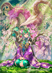 Rule 34 | 1girl, branch, character request, dragon, flower, green hair, highres, hori airi, horns, looking at viewer, outdoors, own hands together, pink eyes, pink flower, seiza, single horn, sitting, solo, tassel, white flower, z/x