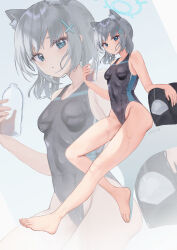 Rule 34 | 1girl, animal ear fluff, animal ears, artist name, barefoot, black one-piece swimsuit, blue archive, blue eyes, blue halo, blush, bottle, breasts, collarbone, covered navel, cross, cross hair ornament, extra ears, eyelashes, feet, full body, grey background, grey hair, hair ornament, halo, highleg, highleg swimsuit, highres, holding, impossible clothes, inverted cross, invisible chair, legs, looking at viewer, medium breasts, medium hair, official alternate costume, one-piece swimsuit, rryiup, shiroko (blue archive), shiroko (swimsuit) (blue archive), sidelocks, sitting, solo, swimsuit, thighs, toenails, toes, two-tone swimsuit, water bottle, wet, wet clothes, wolf ears, zoom layer