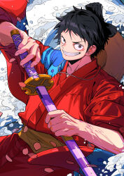 Rule 34 | 1boy, absurdres, black eyes, black hair, commentary, facial scar, hat, highres, holding, holding sword, holding weapon, japanese clothes, katana, looking at viewer, male focus, monkey d. luffy, mygiorni, one piece, scar, scar on cheek, scar on face, short hair, short sleeves, smile, solo, straw hat, sword, teeth, topknot, traditional clothes, unworn hat, unworn headwear, weapon