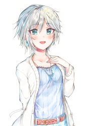 Rule 34 | 10s, 1girl, anastasia (idolmaster), arms behind back, bad id, bad pixiv id, belt, blue eyes, blush, collarbone, colored pencil (medium), commentary request, highres, idolmaster, idolmaster cinderella girls, jewelry, long sleeves, necklace, short hair, simple background, smile, solo, traditional media, yuru mame