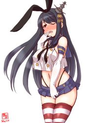 Rule 34 | 1girl, artist logo, black hair, black hairband, black neckerchief, black panties, blue sailor collar, blue skirt, blush, breasts, commentary request, cosplay, crop top, dated, elbow gloves, embarrassed, fusou (kancolle), gloves, hair ornament, hairband, highleg, highleg panties, highres, kanon (kurogane knights), kantai collection, large breasts, long hair, looking at viewer, microskirt, miniskirt, neckerchief, nose blush, one eye closed, panties, red eyes, sailor collar, shimakaze (kancolle), shimakaze (kancolle) (cosplay), simple background, skindentation, skirt, solo, striped clothes, striped thighhighs, tears, thighhighs, underwear, white background, white gloves